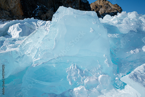 Outdoor view of ice blocks at frozen baikal lake in winter.