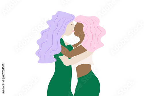 Vector illustration of women of different races with blue and pink hair kissing.