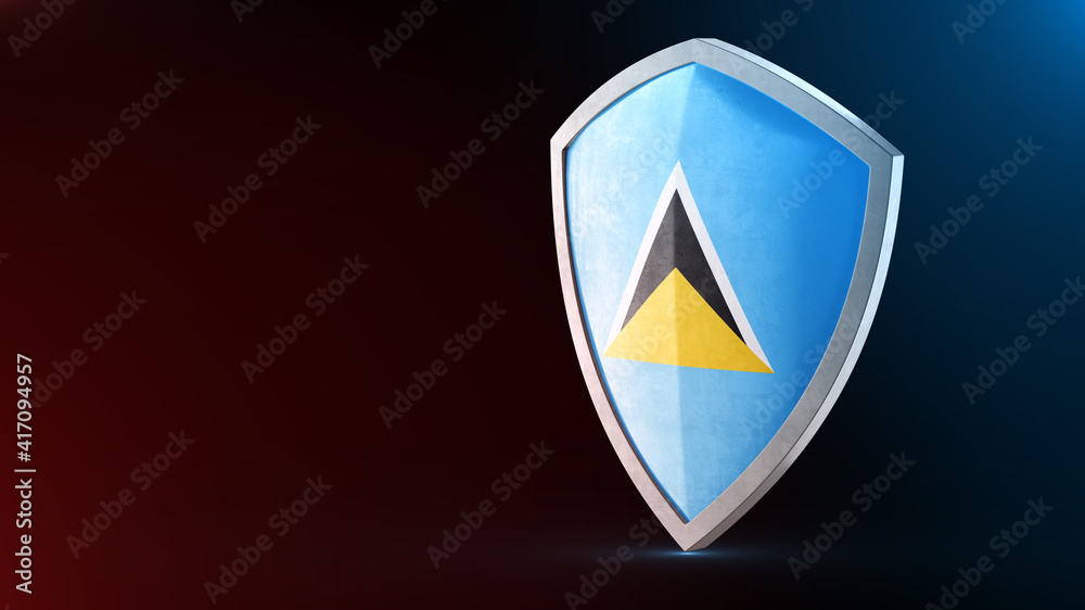 Steel armor painted as Saint Lucia flag. Protection shield and safeguard concept. Safety badge. Security label and Defense sign. Force and strong symbol. Steel armor painted as Saint Lucia flag. Protection shield and safeguard concept. Safety badge. Security label and Defense sign. Force and strong symbol.