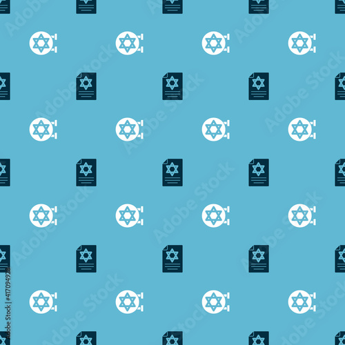 Set Torah scroll and Jewish synagogue on seamless pattern. Vector.