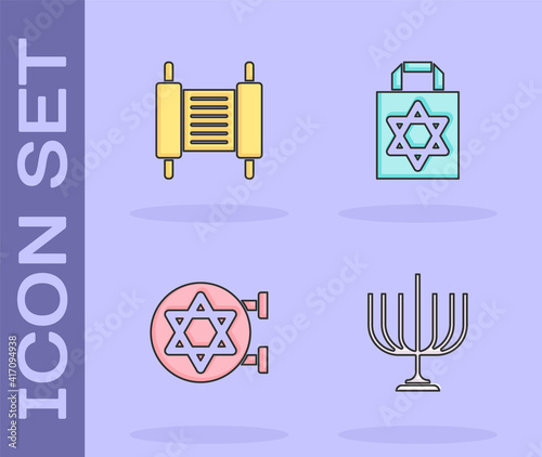 Set Hanukkah menorah, Torah scroll, Jewish synagogue and Shopping bag with star of david icon. Vector.