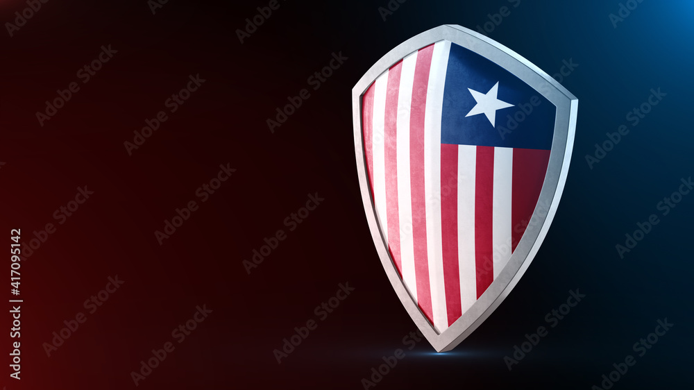 Steel armor painted as Liberia flag. Protection shield and safeguard concept. Safety badge. Security label and Defense sign. Force and strong symbol. Steel armor painted as Liberia flag. Protection shield and safeguard concept. Safety badge. Security label and Defense sign. Force and strong symbol.