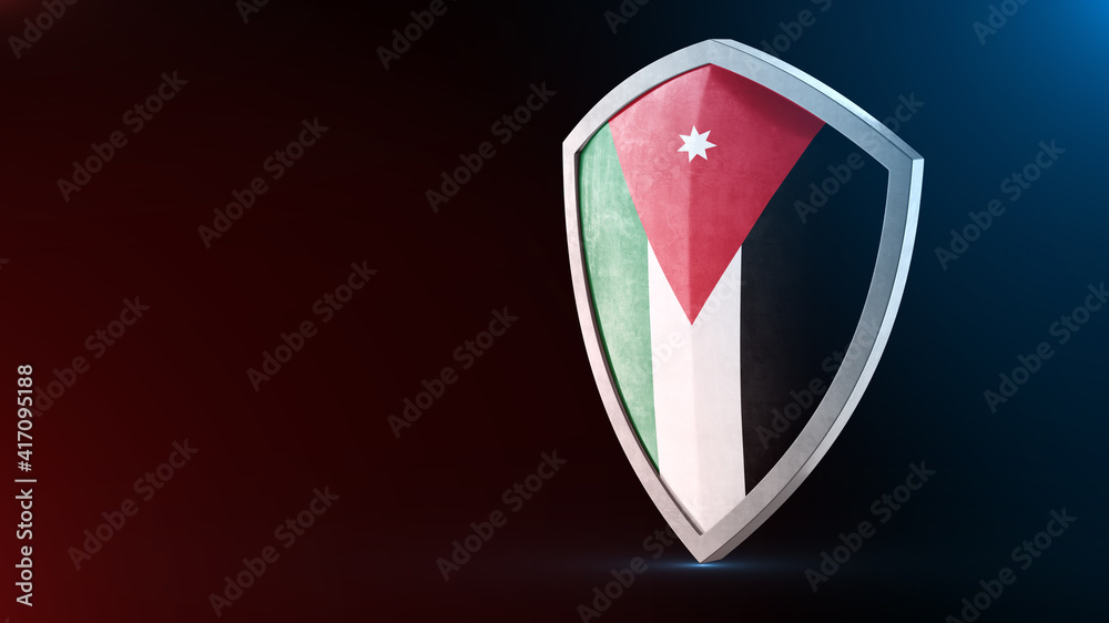 Steel armor painted as Jordan flag. Protection shield and safeguard concept. Safety badge. Security label and Defense sign. Force and strong symbol. Steel armor painted as Jordan flag. Protection shield and safeguard concept. Safety badge. Security label and Defense sign. Force and strong symbol.