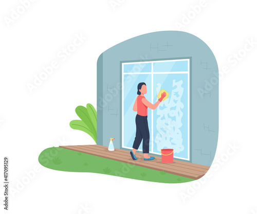 Woman washing window outside flat color vector faceless character. House chores, housekeeping. Outdoor spring cleaning isolated cartoon illustration for web graphic design and animation
