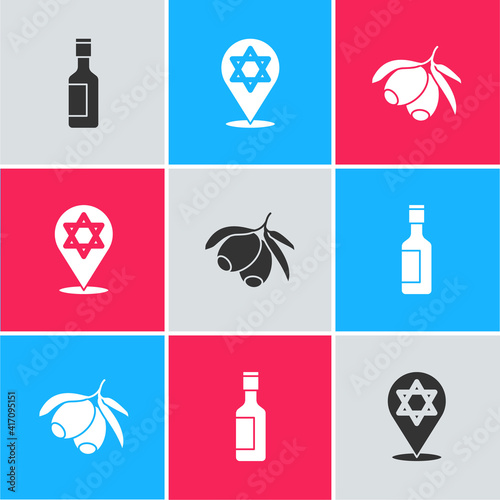 Set Jewish wine bottle, Star of David and Olives branch icon. Vector.
