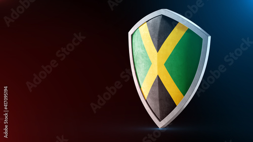 Steel armor painted as Jamaica flag. Protection shield and safeguard concept. Safety badge. Security label and Defense sign. Force and strong symbol.