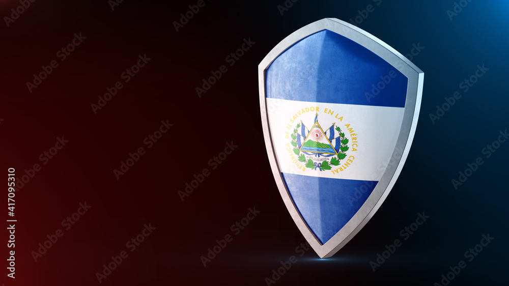 Steel armor painted as El Salvador flag. Protection shield and safeguard concept. Safety badge. Security label and Defense sign. Force and strong symbol. Steel armor painted as El Salvador flag. Protection shield and safeguard concept. Safety badge. Security label and Defense sign. Force and strong symbol.