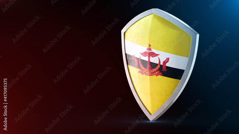 Steel armor painted as Brunei flag. Protection shield and safeguard concept. Safety badge. Security label and Defense sign. Force and strong symbol. Steel armor painted as Brunei flag. Protection shield and safeguard concept. Safety badge. Security label and Defense sign. Force and strong symbol.