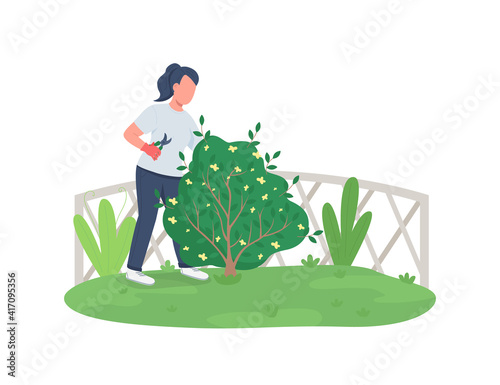Woman trimming bush flat color vector faceless character. Garden maintenance. Girl cutting hedge. Spring seasonal work isolated cartoon illustration for web graphic design and animation