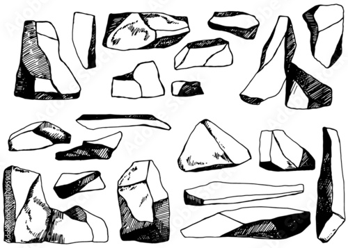 stones set of cobblestones vector sketches. black isolated silhouettes for surroundings. elements of entourage