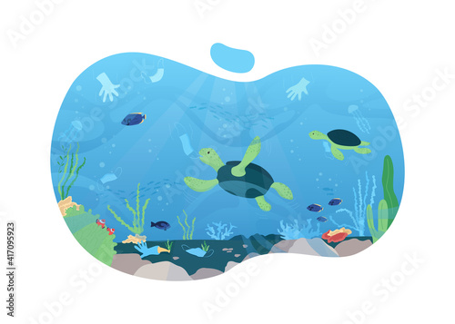 Water pollution 2D vector web banner, poster. Plastic masks trash. Polluting environment after covid flat scene on cartoon background. Pandemic printable patch, colorful web element