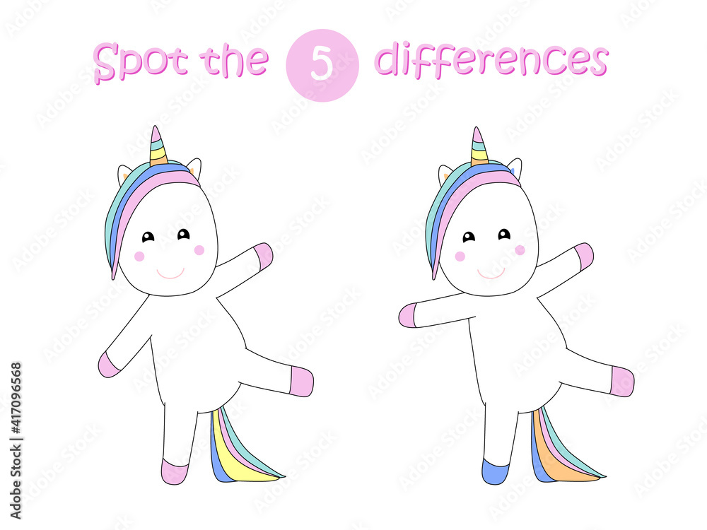 Spot the differences child educational game with unicorn.