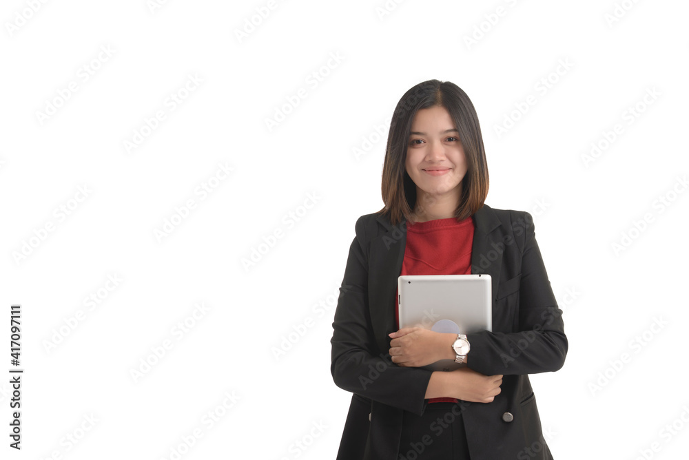 Asian business woman is holding a tablet and expressing joy. On white Background. Asian business woman is holding a tablet and expressing joy. On white Background.