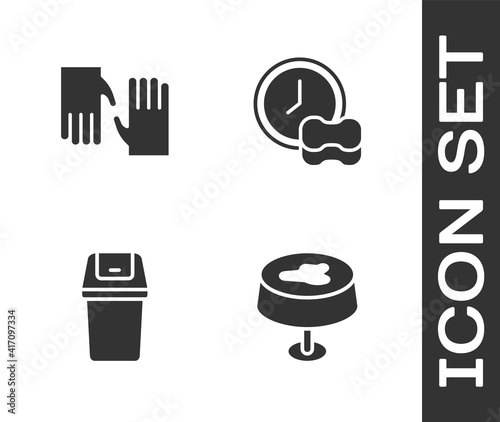 Set Stain on the tablecloth, Rubber gloves, Trash can and Washing dishes icon. Vector.