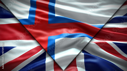 Faroe Islnads Flag and United Kingdom Flag waving with texture sky Cloud and sunset Double flag photo