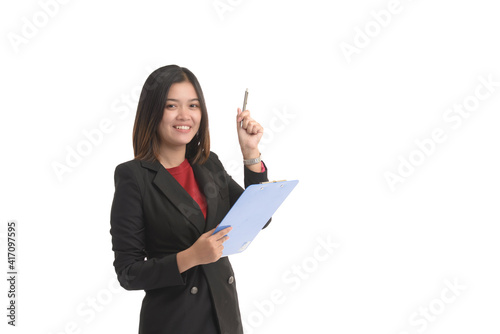 Asian business woman is holding a tablet and the other hand holding a pen and expressing joy. On white Background.