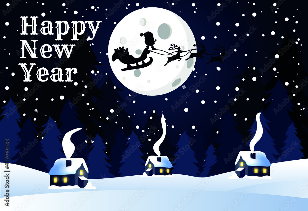 Naklejka premium Santa Claus shows the class and flies in a sleigh with reindeer in the full moon. Suitable for cute, New Year's card, banner, poster or invitation. Vector, Christmas illustration.