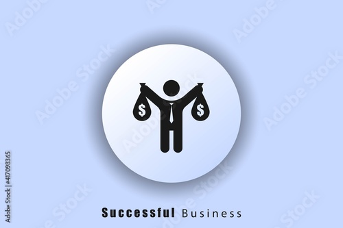 Businessman logo. Successful business icon. Business man with money. White ui web button neomorphism. Vector EPS10