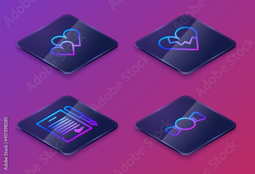 Set Isometric line Heart, Marriage contract, Broken heart or divorce and Bow tie. Blue square button. Vector.