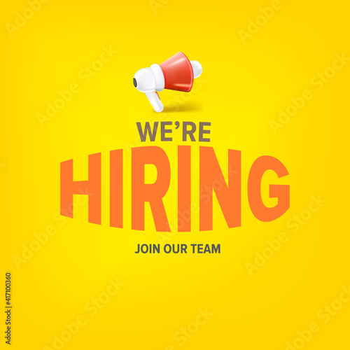We are hiring social media advertising square banner with a megaphone on yellow background. Banner with a megaphone for promoting your announcement