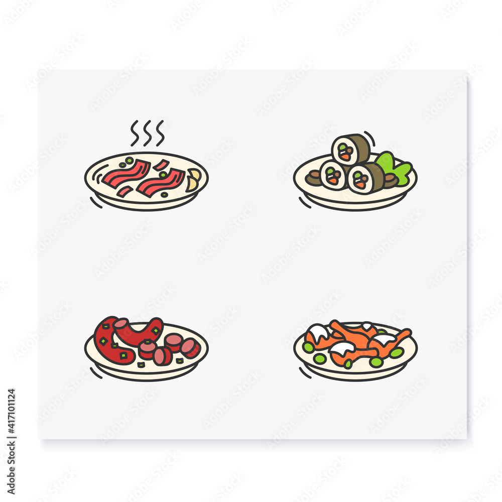 Korean food color icons. Set of traditional korean dishes .Eastern meal, meat, vegetables and sauces. Asian food and korean cuisine concept. Isolated vector illustrations