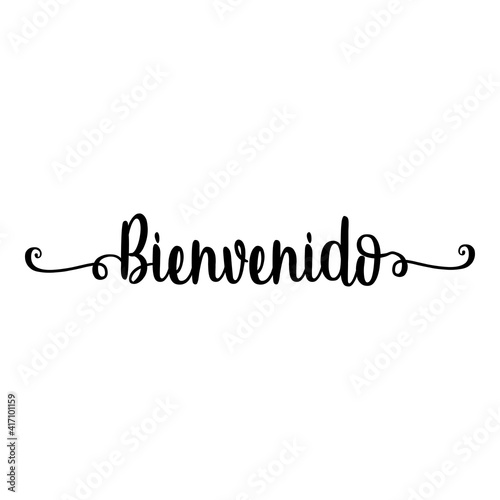 Banner con texto manuscrito bienvenido en español escrito a mano con florituras en color negro