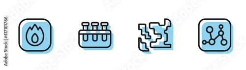 Set line Gaseous, Fire flame, Test tube and flask and Chemical formula icon. Vector.