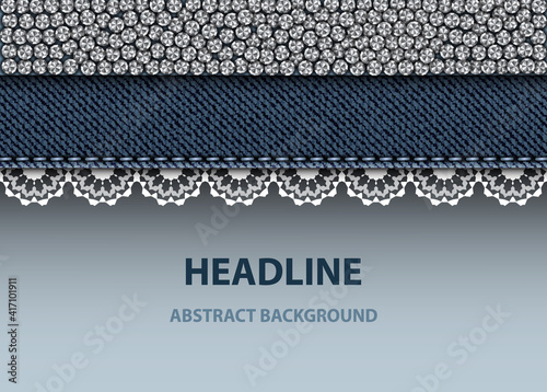 Abstract blue denim background with silver sequins and lace