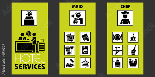 Dépliant en 3 parties composé d’un ensemble de pictogrammes symbolisant les services proposés dans un hôtel.