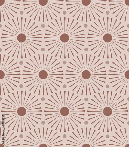 Sun and dots vector seamless pattern. Solar minimalistic geometric background. Boho sunny mandala abstract neutral backdrop