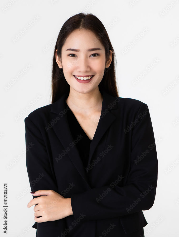 Young and cute beautiful black long hair woman pose with self-confidence on white background