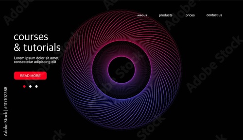 Abstract background. Black background with a linear swirl. Bright element. Template for a landing page, cover, banner. Design for a website.