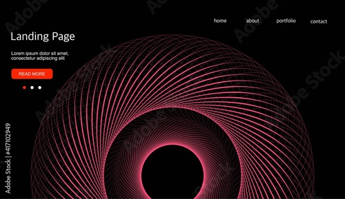 Abstract background. Black background with a red linear swirl. Template for a landing page, cover, banner. Design for a website.