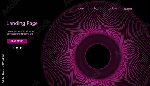 Abstract background. Black background with a purple linear swirl. Template for a landing page, cover, banner. Design for a website.