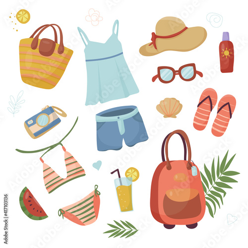 Summer Things. Set for travel and holidays. Beach collection - swimsuit, sunglasses, big summer hat, flip flops. Vector flat illustration