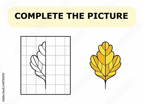 Complete the picture. Coloring book. Educational game for children. Cartoon vector illustration of leaf.