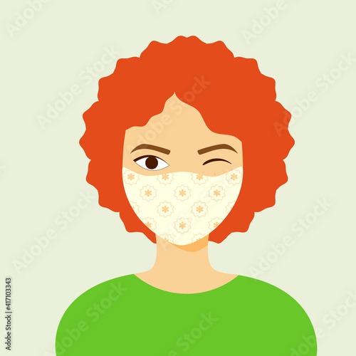Young woman wearing home made hygienic face medical mask to prevent infection