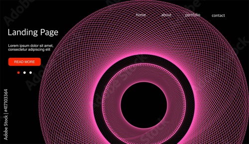 Abstract background. Dark background with a pink linear swirl. Template for a landing page, cover, banner. Design for a website.