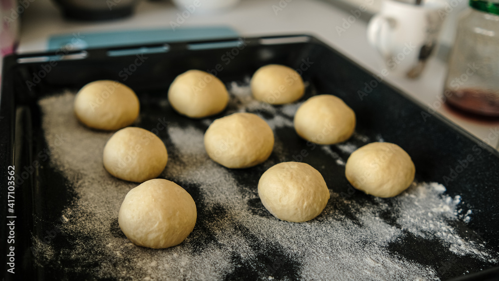 Close-up of raw dough for buns, cakes. On the wick. Flour products. Gluten free Close-up of raw dough for buns, cakes. On the wick. Flour products. Gluten free