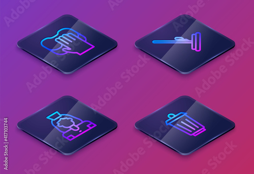 Set Isometric line Cleaning service, lady, Mop and Trash can. Blue square button. Vector.