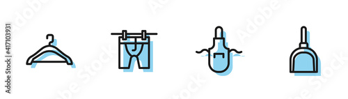 Set line Kitchen apron, Hanger wardrobe, Drying clothes and Dustpan icon. Vector.