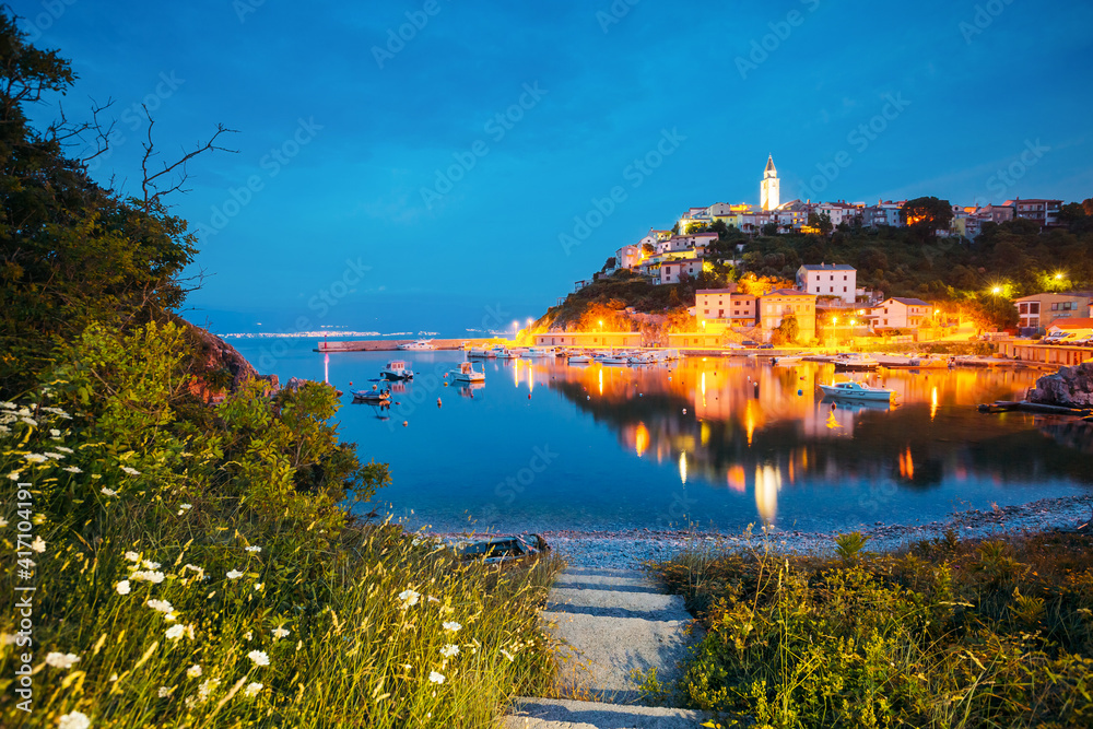 Peaceful seascape in the city of Vrbnik in evening. Location Krk island, Croatia, Europe.