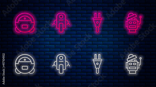 Set line Robot, Electric plug, vacuum cleaner and . Glowing neon icon on brick wall. Vector.