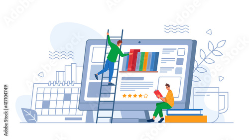 Digital online education application or app, person choosing new book on computer screen. Vector student characters learning online at home on smartphone. Dictionary encyclopedia, web archive