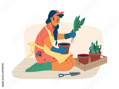 Woman takes care of plants in flower pots isolated flat cartoon character. Vector female in apron and rubber gloves transplant flowers, gardening trowel. Young gardener replant leaves in flowerpots