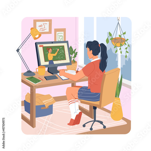 Distance education on quarantine woman student learning online on computer at home. Vector female in rooms sitting at desks with lamp on chair, studying geometry lesson, tutorial teacher on screen