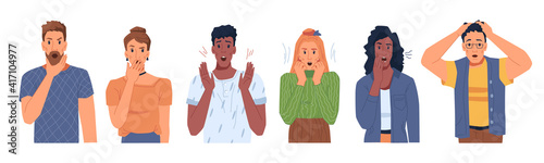 Shocked scared people faces set isolated flat cartoon portraits. Vector man and woman in stress, panicked or terrified characters in horror. Multi ethnic adults in fear, nervous frightened persons