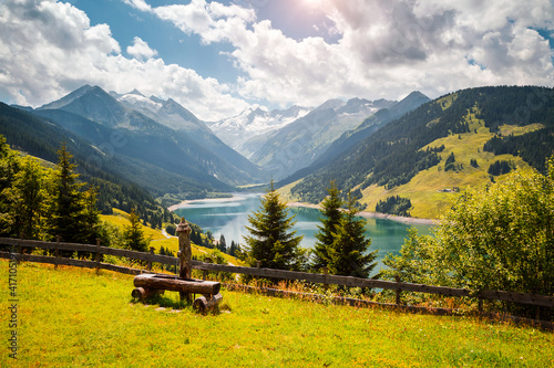Great panorama of the Durlassboden reservoir. Location municipality of Gerlos, Tyrol, Europe.