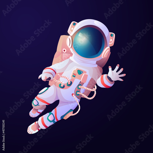 Astronaut scientific hero waving hand in cosmos. Vector cartoon astronomy explorer in space suit and helmet, exploration of galaxy universe. Spaceman with breathing oxygen tanks, blue background