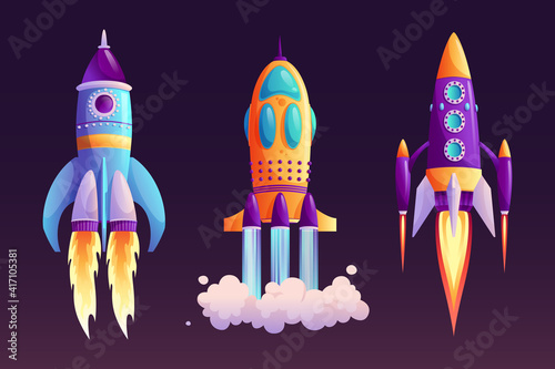 Fototapeta Naklejka Na Ścianę i Meble -  Space ship launch, rocket with fire trace and smoke isolated cartoon set. Vector start of business or new project symbol, boosters in flight. Takeoff of rocketship, spacecraft and clouds flaming